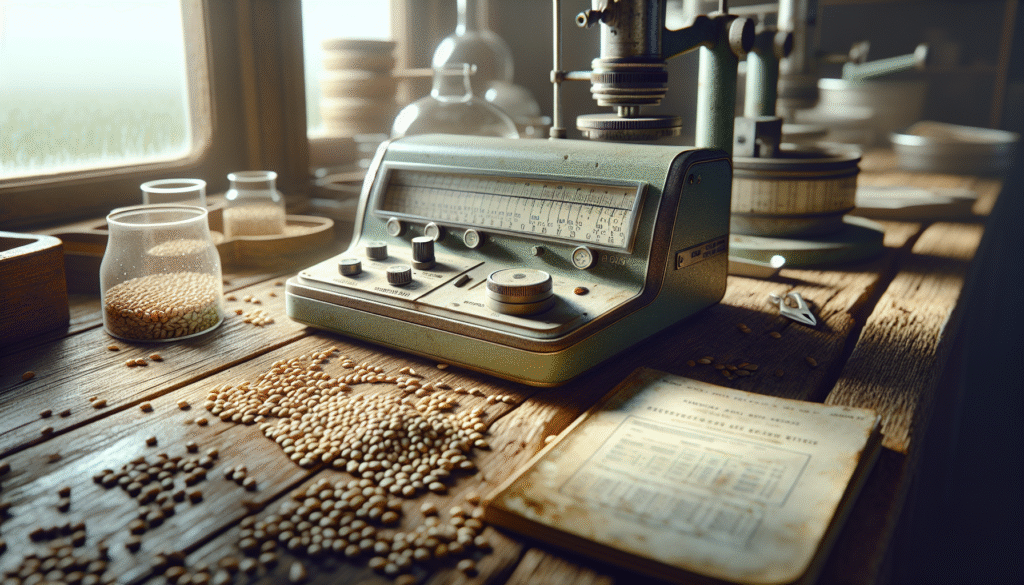 Close-up of seed moisture analyzer and samples on a wooden lab bench for horticultural seed certification standards.
