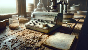 Close-up of seed moisture analyzer and samples on a wooden lab bench for horticultural seed certification standards.
