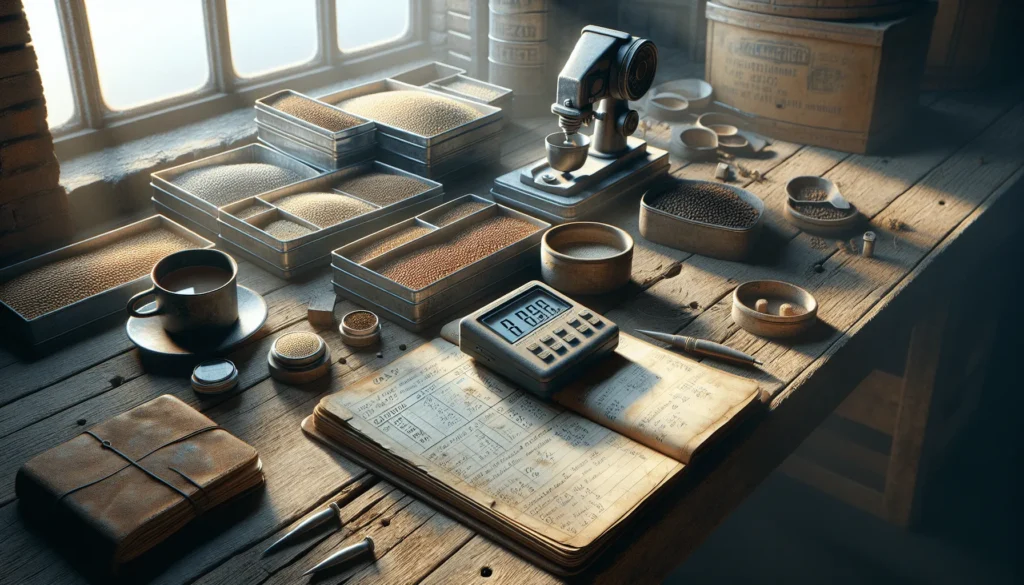 A grain inspector's authentic workspace with a digital moisture meter, grain samples, and a worn SNI standard document for export quality control.