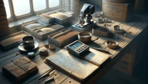 A grain inspector's authentic workspace with a digital moisture meter, grain samples, and a worn SNI standard document for export quality control.