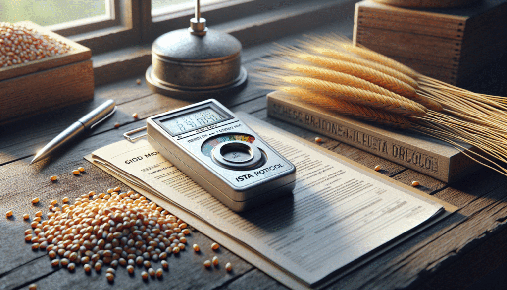 Professional seed lab validating a hybrid corn moisture meter next to seeds and an ISTA protocol document.