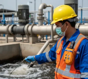 Teknisi Indonesia memakai alat Gas-Pro-3 multi-gas di dada saat memeriksa kadar gas berbahaya di area instalasi pengolahan air limbah dengan latar bak aerasi dan pipa industri.