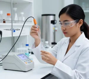 “Analis laboratorium Indonesia mengukur pH sampel mikro-volume di tabung reaksi menggunakan elektroda pH kaca ramping P13 yang terhubung ke pH meter di meja lab.”