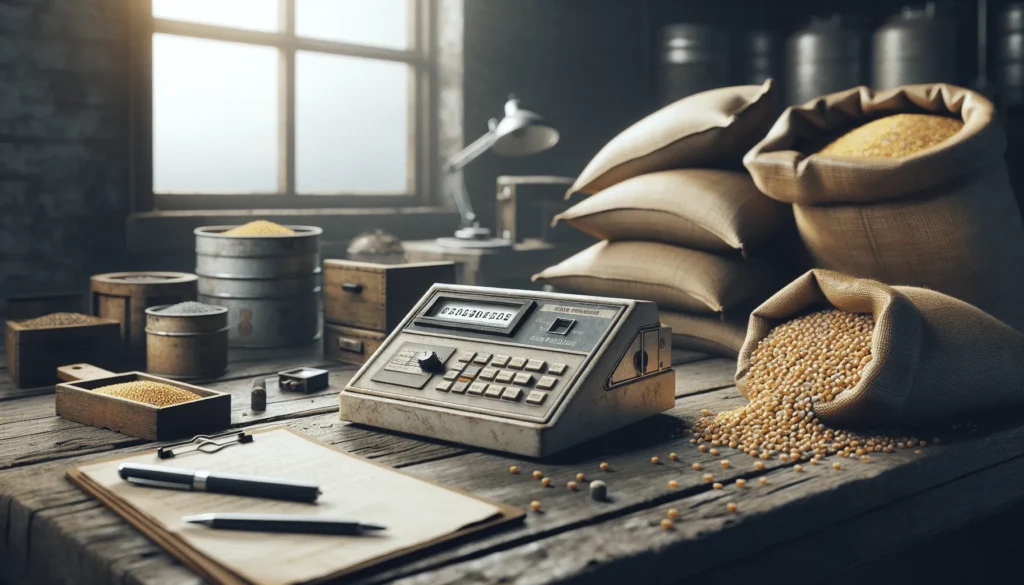 Grain moisture meter on a wooden table next to open sacks of corn and soybean meal in an authentic feed mill laboratory.