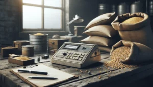 Grain moisture meter on a wooden table next to open sacks of corn and soybean meal in an authentic feed mill laboratory.