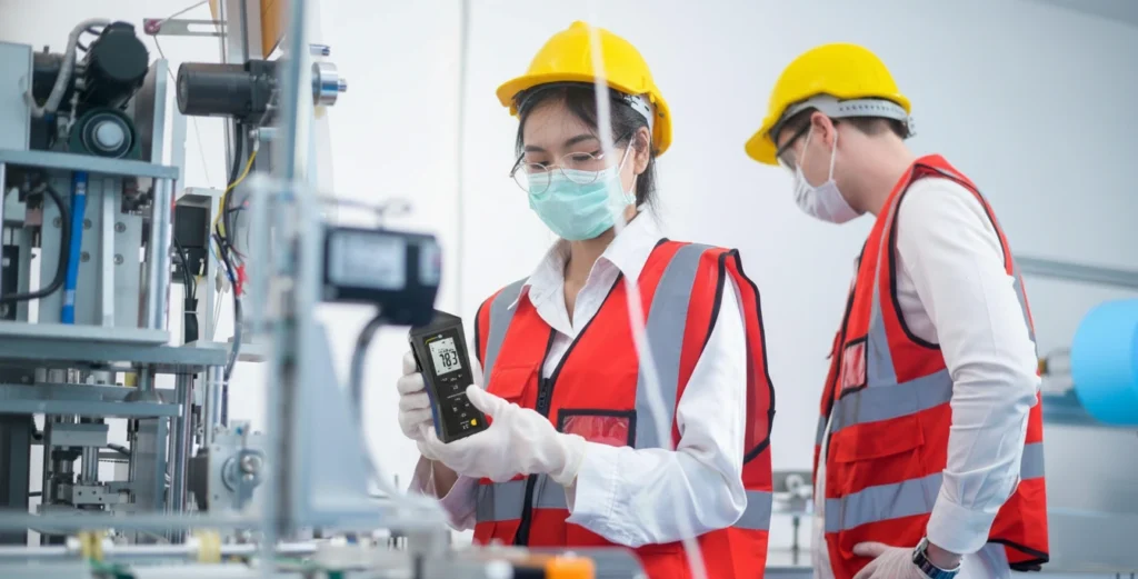 Seorang teknisi Indonesia menggunakan sound level meter portabel di area industri untuk mengukur tingkat kebisingan mesin produksi secara langsung.