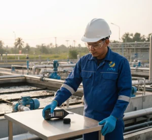 Teknisi Indonesia menggunakan sound level meter PCE-325 di instalasi pengolahan air untuk mengukur tingkat kebisingan mesin blower