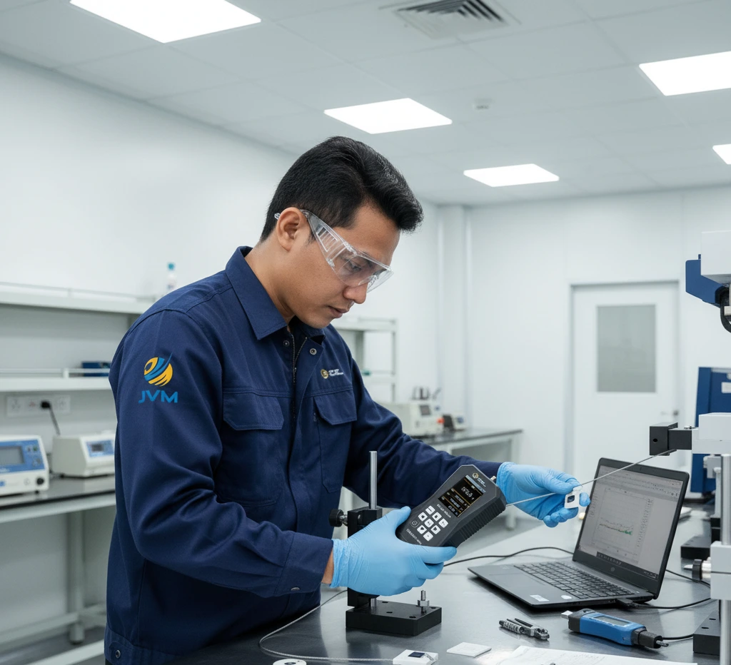 Teknisi QC Indonesia menggunakan dynamometer digital untuk mengukur gaya tarik dan tekan pada sampel material di laboratorium industri.