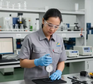 Teknisi QC Indonesia menggunakan durometer mekanik Shore A untuk mengukur kekerasan sampel karet di laboratorium industri.