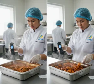 Seorang petugas QC Indonesia di dapur produksi katering menggunakan PCE-IR 80 untuk mengecek suhu makanan, dimulai dengan pengukuran infrared pada permukaan tray lalu dilanjutkan dengan probe penetrasi untuk memeriksa suhu inti produk di area kerja stainless yang bersih dan tertata.