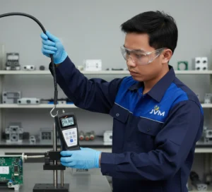 Teknisi laboratorium memakai kacamata pelindung dan sarung tangan biru sedang mengukur gaya tarik menggunakan alat pengukur digital pada sebuah komponen elektronik.