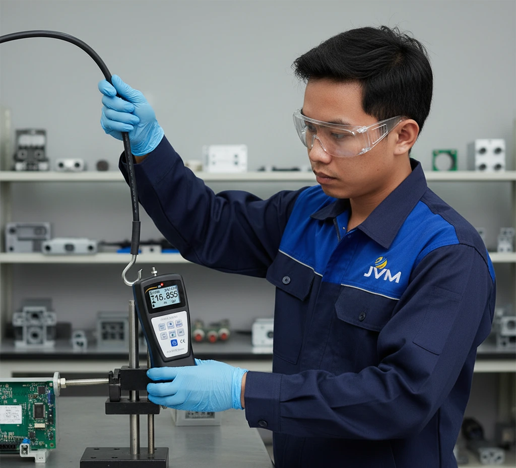 Teknisi laboratorium memakai kacamata pelindung dan sarung tangan biru sedang mengukur gaya tarik menggunakan alat pengukur digital pada sebuah komponen elektronik.