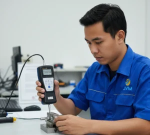 Teknisi QC Indonesia menggunakan Force Gauge PCE-PFG 2K-ICA dengan S load cell eksternal untuk mengukur gaya tarik dan tekan di laboratorium industri.