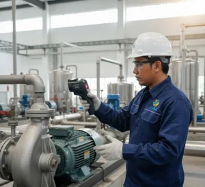 Teknisi Indonesia menggunakan kamera thermal PCE-TC 28 untuk inspeksi suhu mesin di instalasi industri