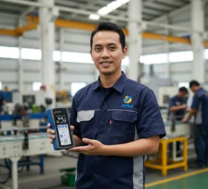 Teknisi Indonesia menggunakan PCE-TG 300-NO2-ICA untuk mengukur ketebalan pipa industri pada area maintenance sebagai bagian dari inspeksi korosi dan condition monitoring.