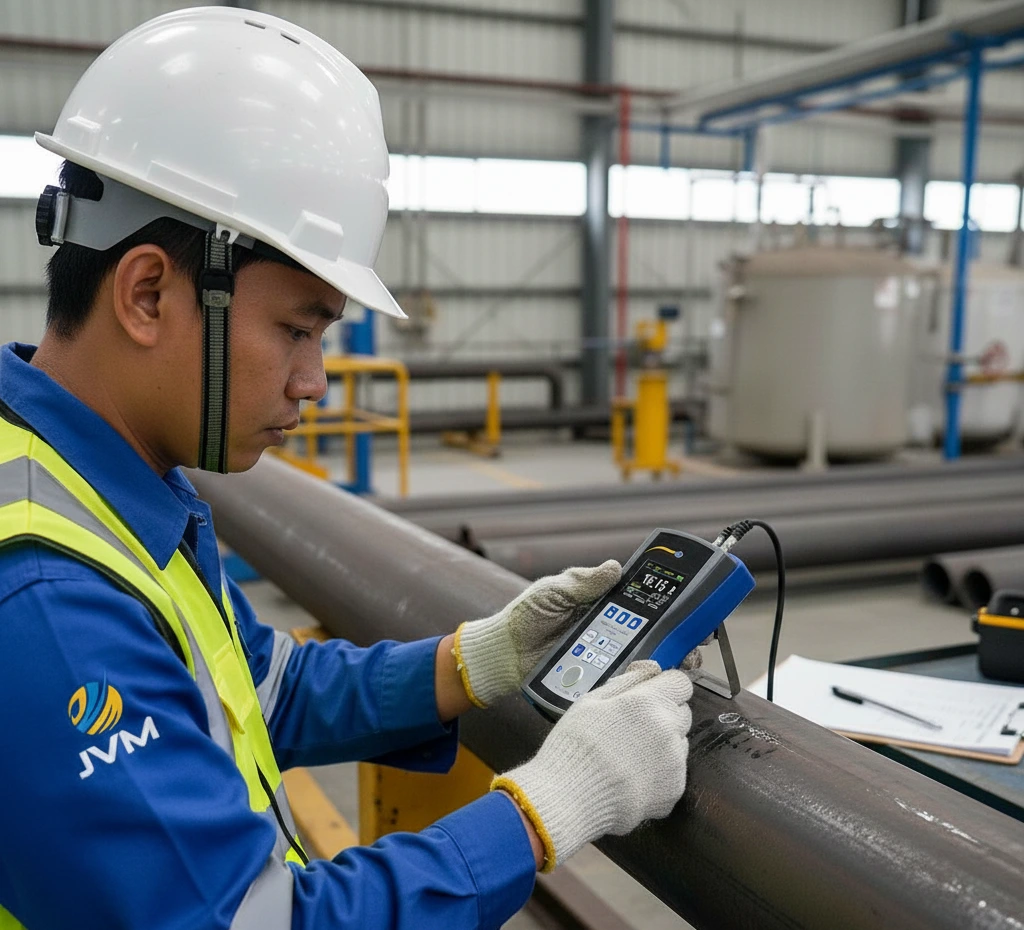 Teknisi Indonesia sedang melakukan pengukuran ketebalan pipa menggunakan PCE-TG 300-NO5-ICA di area industri, dengan probe ultrasonik ditempelkan pada dinding pipa dan layar alat menampilkan hasil ukur secara langsung.