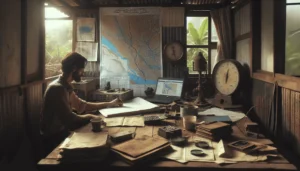 Hydrological engineer analyzing flood data and drainage solutions for Donggala on a topographical map.