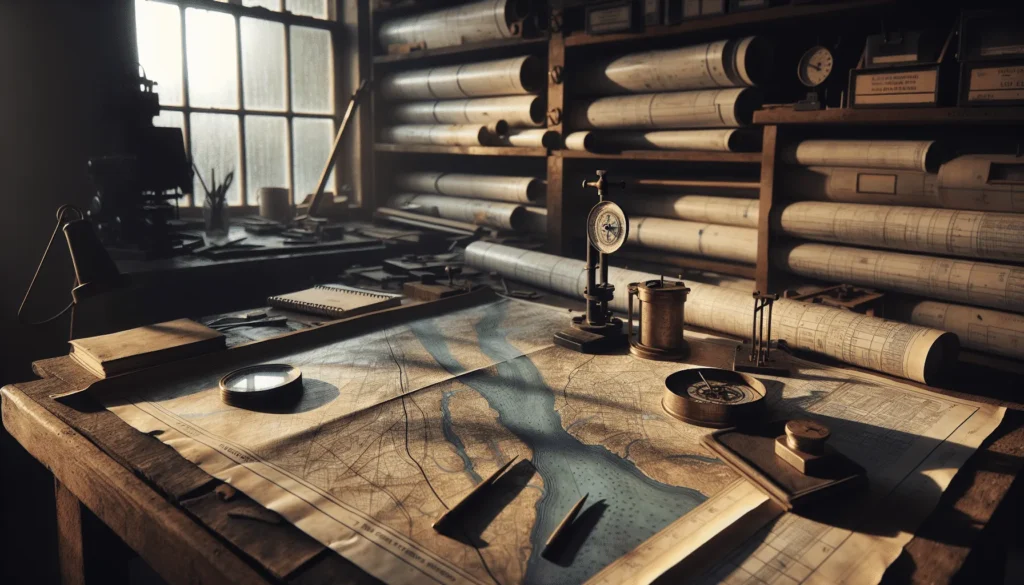 Detailed topographic map of Donggala flood zones with hydrology tools like a compass and rain gauge on a wooden table, illustrating flood analysis and urban planning solutions.
