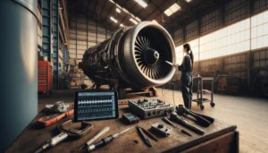 Teknisi memegang vibration analyzer dan probe termal di dekat mesin jet untuk analisis analisis getaran dan suhu mesin cegah kegagalan takeoff.