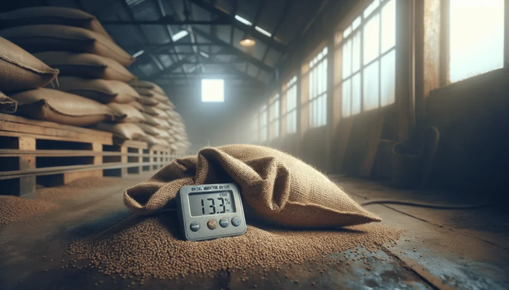 Weathered digital moisture meter reading 13% on a burlap sack of fish feed in an aquaculture storage shed, highlighting proper moisture control to prevent mold and aflatoxin.