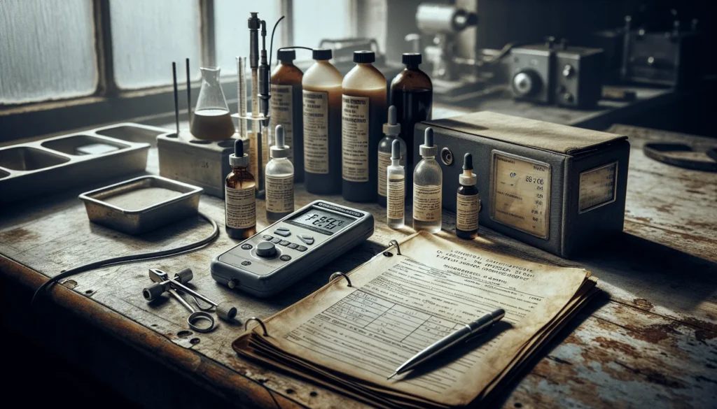 Handheld pH and ORP meter with calibration solutions and an open HACCP binder on a wooden table in a food production facility.