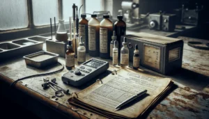 Handheld pH and ORP meter with calibration solutions and an open HACCP binder on a wooden table in a food production facility.