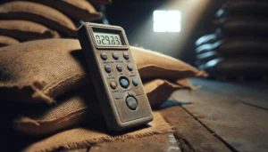 Weathered moisture meter for animal feed on burlap sacks in a rustic warehouse, highlighting calibration port and durable casing for accurate feed analysis.