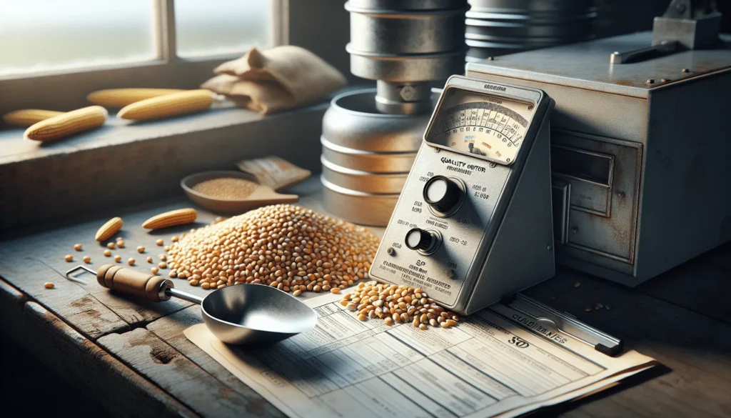 Close-up of moisture meter, corn, and soybeans on a quality control workbench for accurate feed mill grain testing.