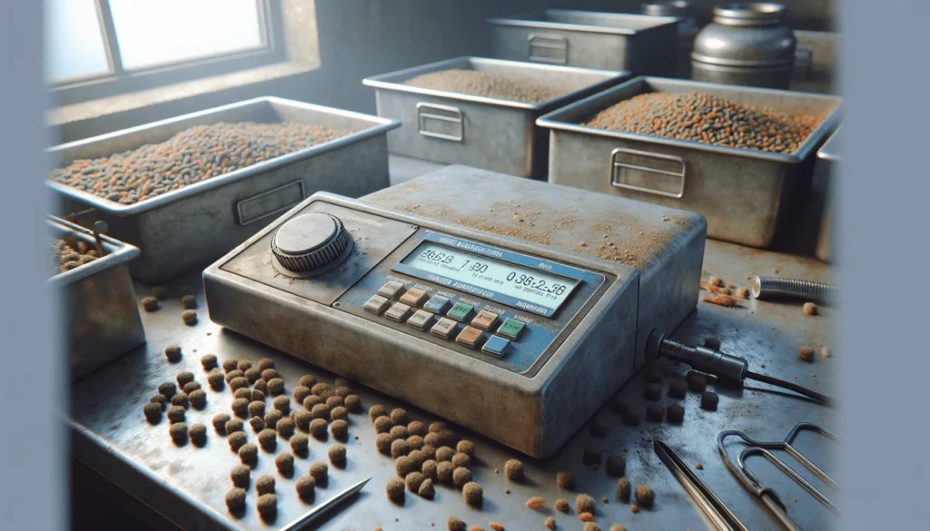 Close-up of a moisture analyzer and feed pellets in an aquaculture lab for measuring fish and shrimp feed moisture content.