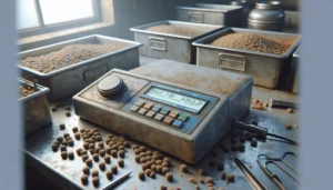 Close-up of a moisture analyzer and feed pellets in an aquaculture lab for measuring fish and shrimp feed moisture content.