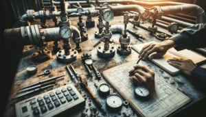 Technical equipment for measuring gas well parameters on a weathered table, with a hand adjusting an industrial valve in a serene, documentary-style setting.