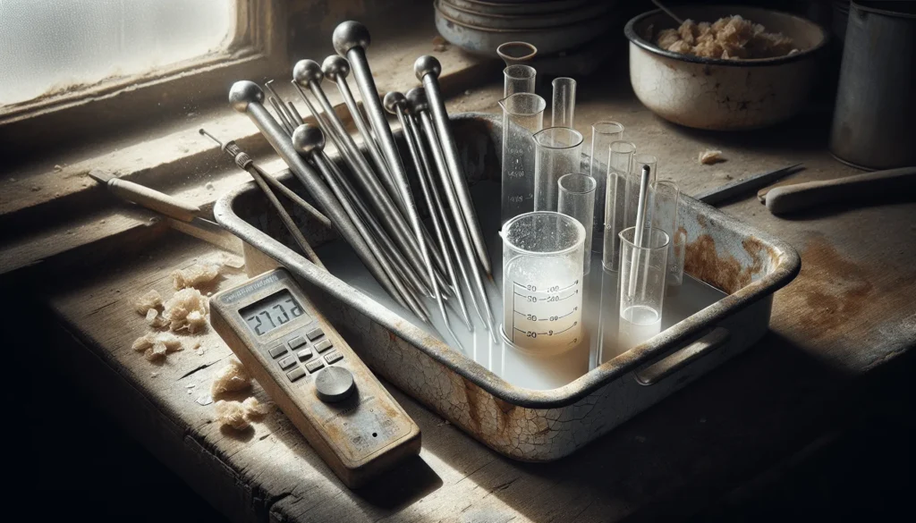 Worn stainless steel pH meter probes immersed in beakers for copra processing quality control to prevent microbial growth during blanching and drying.