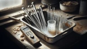 Worn stainless steel pH meter probes immersed in beakers for copra processing quality control to prevent microbial growth during blanching and drying.