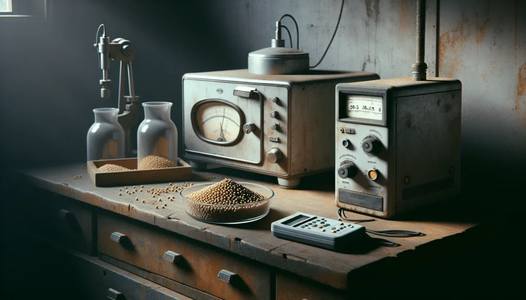 A weathered lab bench comparing a traditional oven and a modern handheld moisture meter for testing animal feed pellet moisture content.
