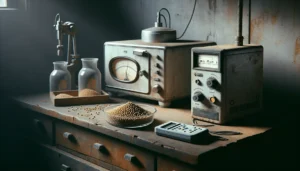 A weathered lab bench comparing a traditional oven and a modern handheld moisture meter for testing animal feed pellet moisture content.
