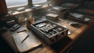 Peti hitam EDR kereta terbuka di meja kayu ruang perawatan, kabel dan debu terlihat jelas, analisis kecepatan Kronologi tabrakan KRL Bekasi Timur.