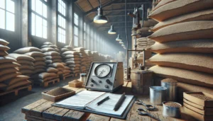 Warehouse operator using a moisture meter and sampling equipment to measure animal feed moisture content.