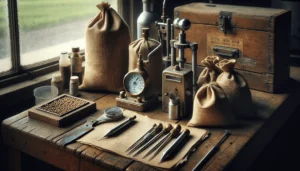 Weathered brass moisture meters and stainless steel probes on a wooden workbench for authentic agricultural lab sampling and moisture content analysis.