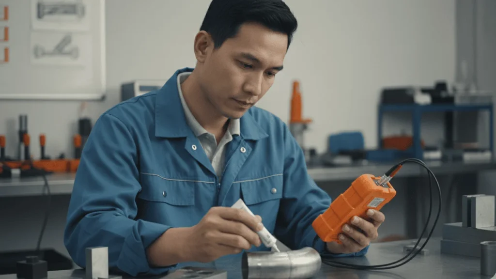 Alat Ukur Ketebalan Ultrasonic Thickness Gauge NOVOTEST UT1M - tampak depan perangkat genggam dengan layar dan probe