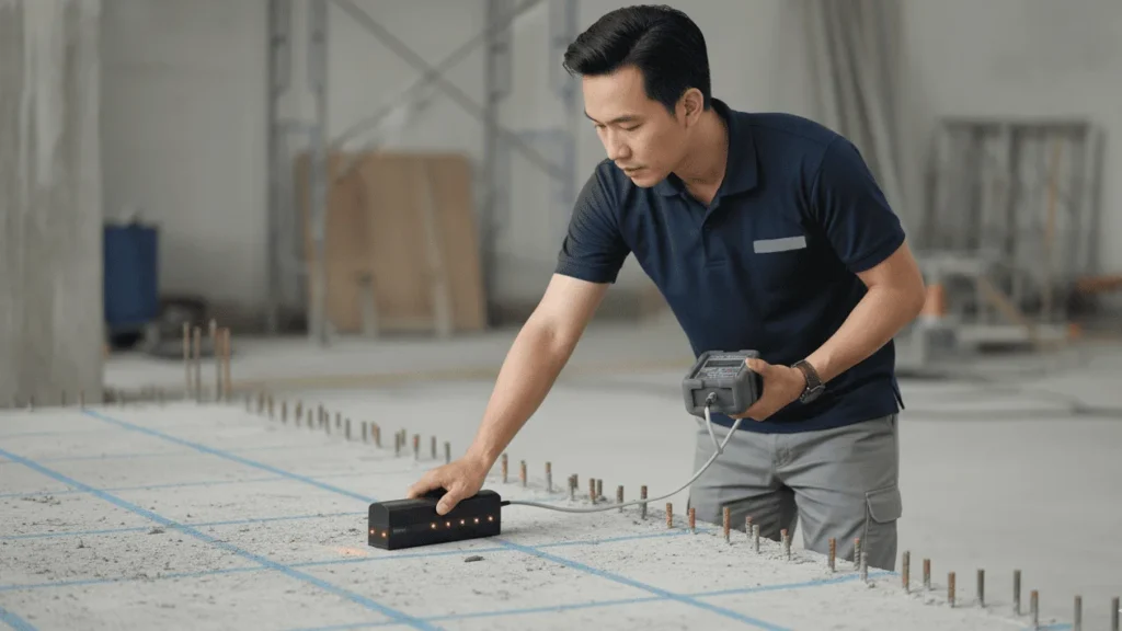 Alat Ukur Ketebalan Beton NOVOTEST NG 2020 Rebar Detector - Perangkat deteksi tulangan beton dengan layar digital dan probe.