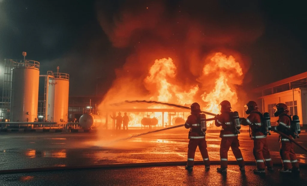Petugas damkar Indonesia melakukan pemadaman kebakaran SPBE Cimuning pada fasilitas pengisian LPG dengan semburan air bertekanan tinggi di malam hari, terlihat api besar dan asap tebal di area industri.