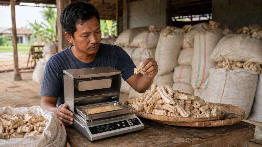 Pengukuran kadar air gaplek menggunakan moisture analyzer di gudang penyimpanan singkong kering.