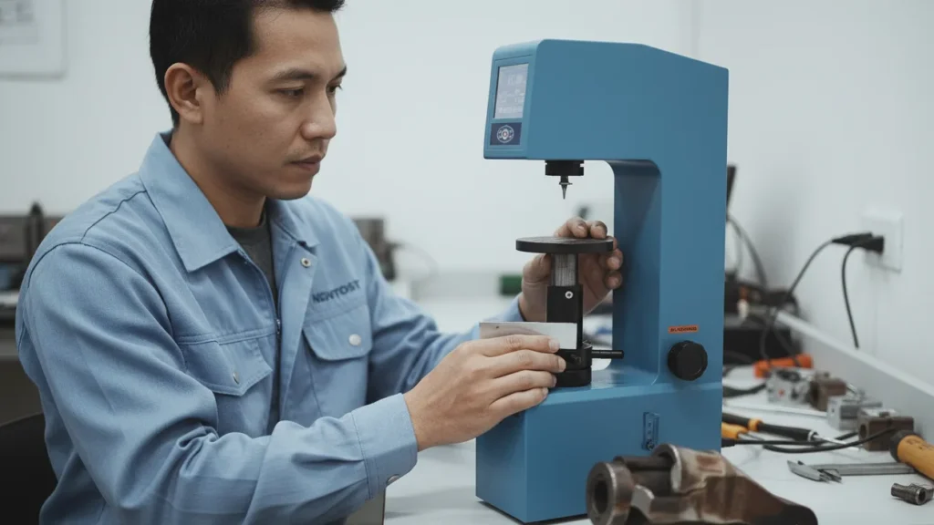 Alat Penguji Kekerasan NOVOTEST TS-SR-C - perangkat portabel uji kekerasan Superficial Rockwell dengan layar dan probe.