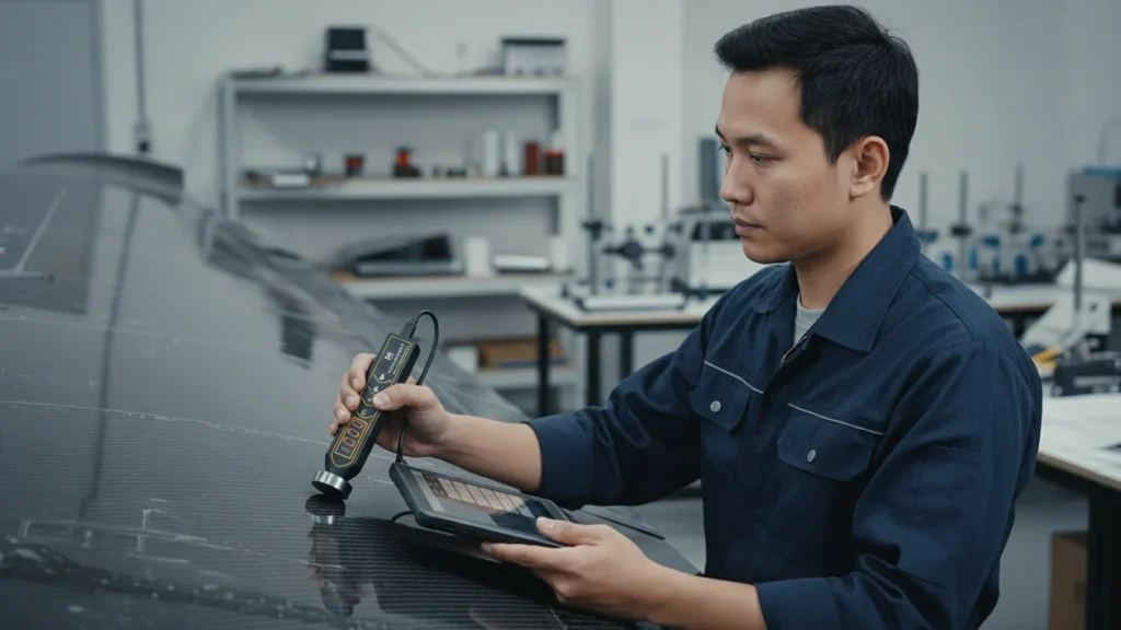 Alat Pengukur Ketebalan NOVOTEST UT-3K-EMA - digunakan untuk inspeksi ketebalan komposit sayap pesawat tanpa merusak coating.