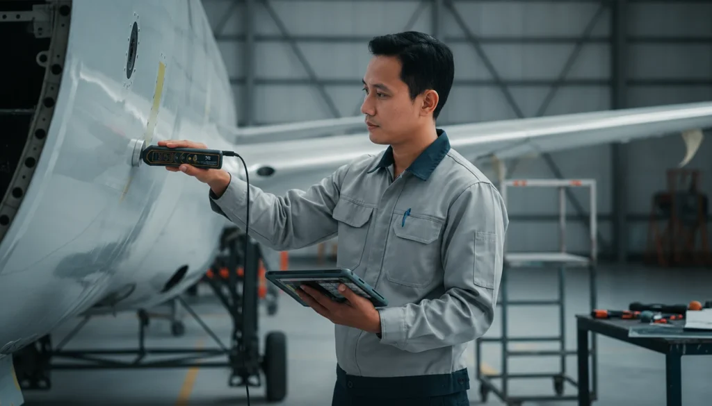 NOVOTEST UT-3K-EMA - Alat pengukur ketebalan lapisan cat non-destruktif untuk airframe, tampak handheld dengan layar digital.