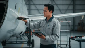 NOVOTEST UT-3K-EMA - Alat pengukur ketebalan lapisan cat non-destruktif untuk airframe, tampak handheld dengan layar digital.