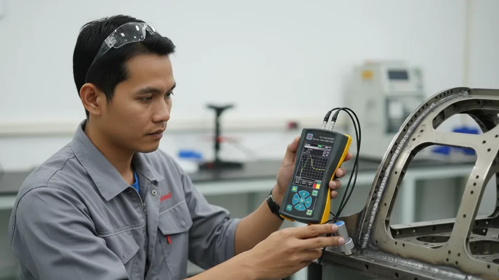 NOVOTEST UD2301 Ultrasonic Flaw Detector - perangkat genggam dengan layar menampilkan grafik deteksi cacat las