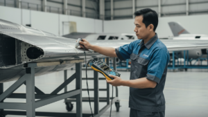 Alat Ukur Keretakan Ultrasonic Flaw Detector NOVOTEST UD2301 - Deteksi retak halus pada sayap pesawat dengan alat portabel di tangan teknisi.