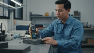 Alat Ukur Keretakan Ultrasonic Flaw Detector NOVOTEST UD2301 - perangkat detektor cacat dengan layar dan probe pada material komposit karbon
