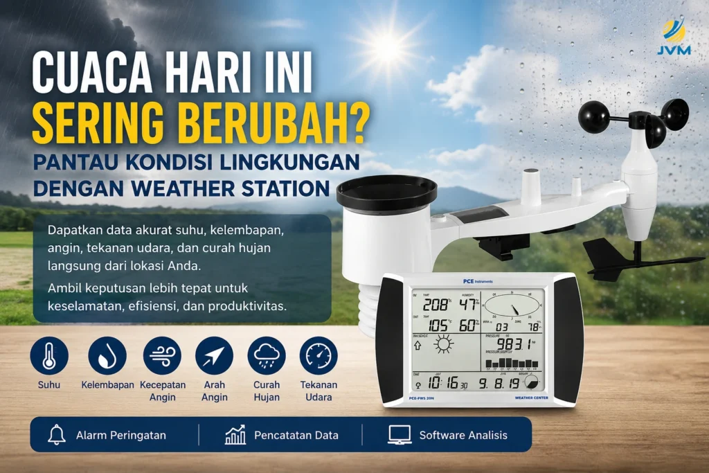 Weather station PCE-FWS 20N dengan sensor angin dan display digital menampilkan pemantauan cuaca lokal seperti suhu, kelembapan, arah angin, kecepatan angin, tekanan udara, dan curah hujan dengan latar perubahan cuaca cerah dan hujan.
